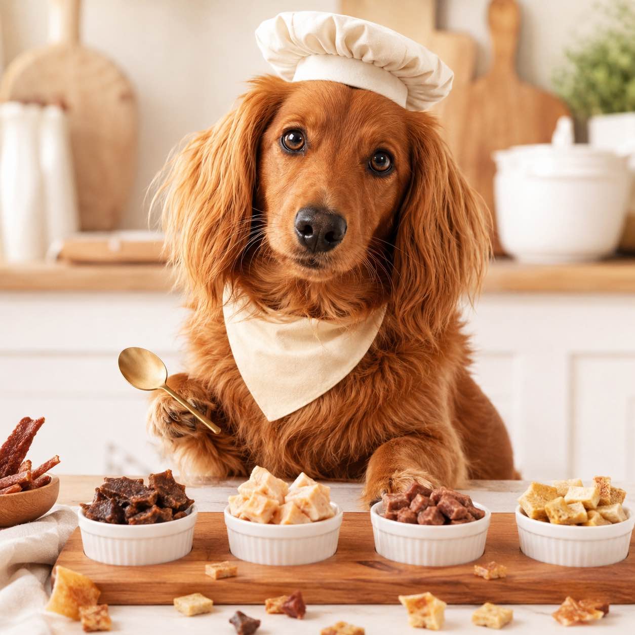 Rory the dachshund in a chef hat tasting healthy treats - Pawductivity Expert