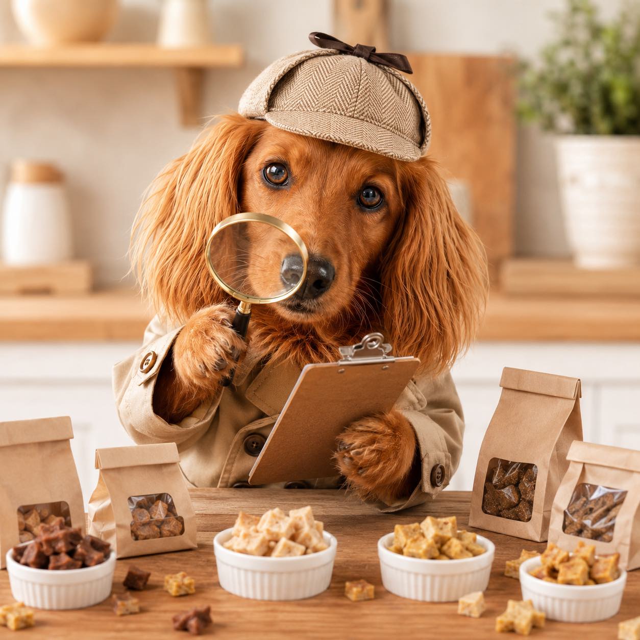 Rory the dachshund inspecting Simply Nourished products with a magnifying glass
