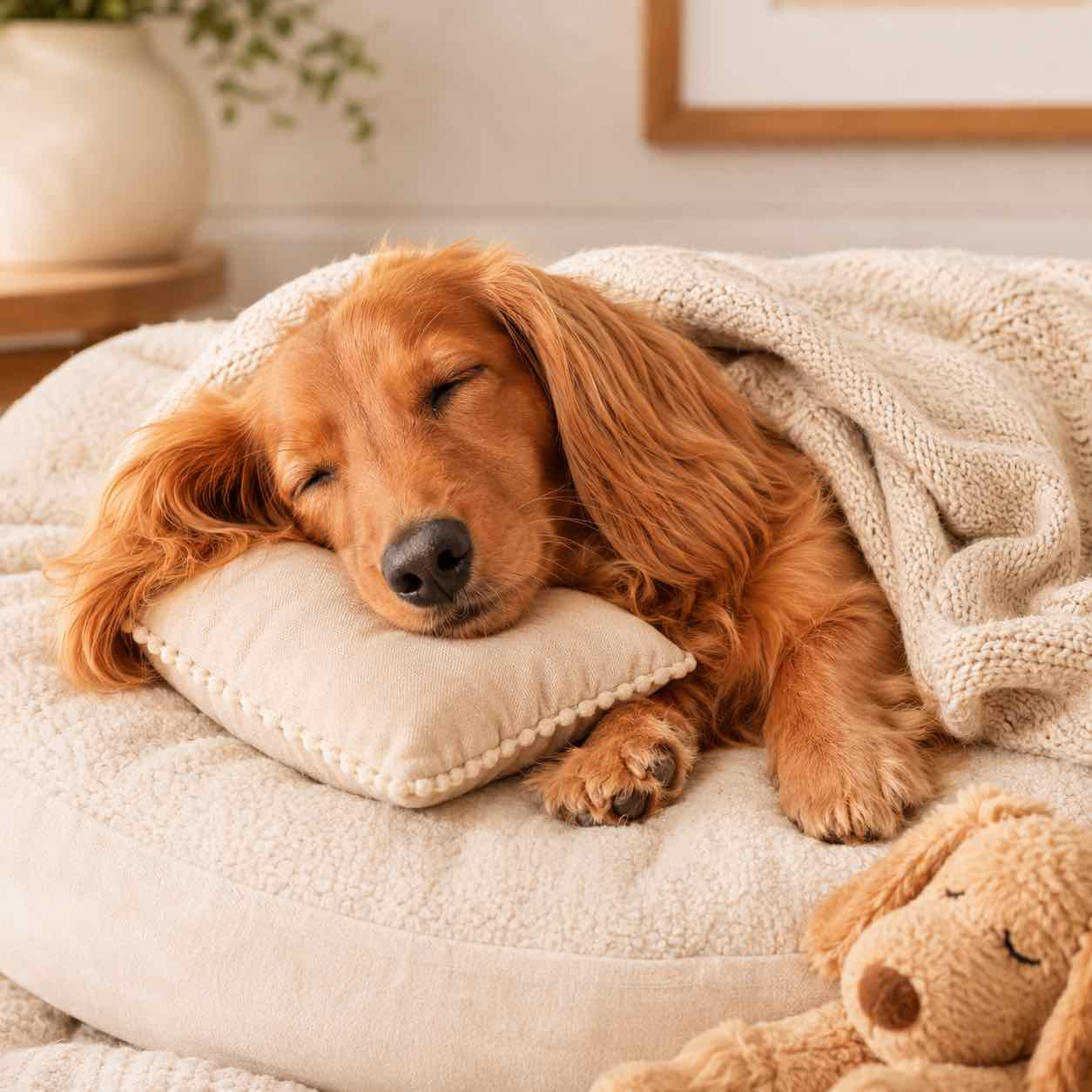 Rory the dachshund napping on a cushion - CEO of Sleep