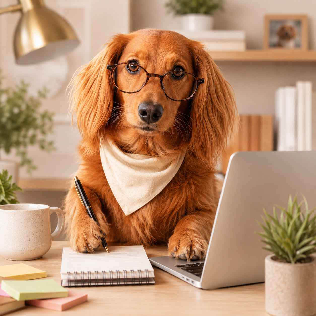 Rory the dachshund wearing glasses at a laptop - Head of Website